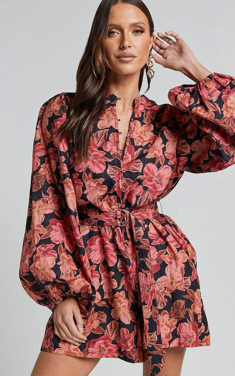 Showpo Amalie The Label - Natylia Linen Blend Bishop Sleeve Belted Playsuit Atalie Print | MAJIRW708