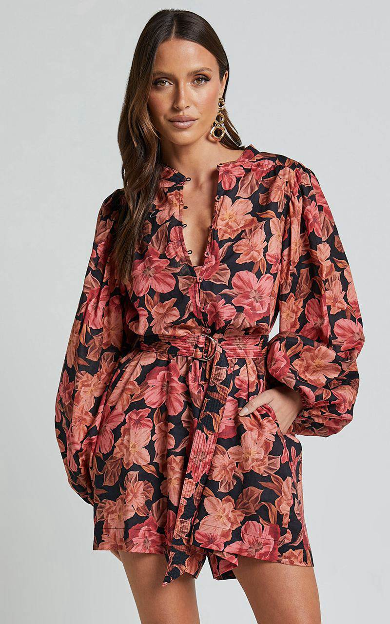 Showpo Amalie The Label - Natylia Linen Blend Bishop Sleeve Belted Playsuit Atalie Print | MAJIRW708