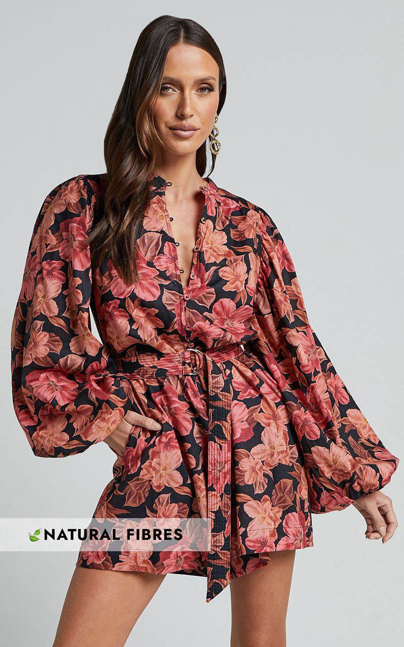 Showpo Amalie The Label - Natylia Linen Blend Bishop Sleeve Belted Playsuit Atalie Print | MAJIRW708