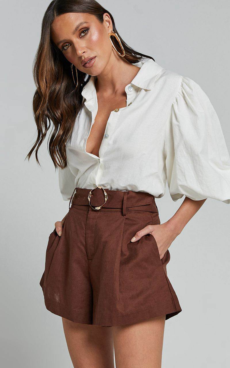 Showpo Amalie The Label - Noemie Linen Blend High Waisted Belted Tailored Shorts Chocolate | KQIZYC674