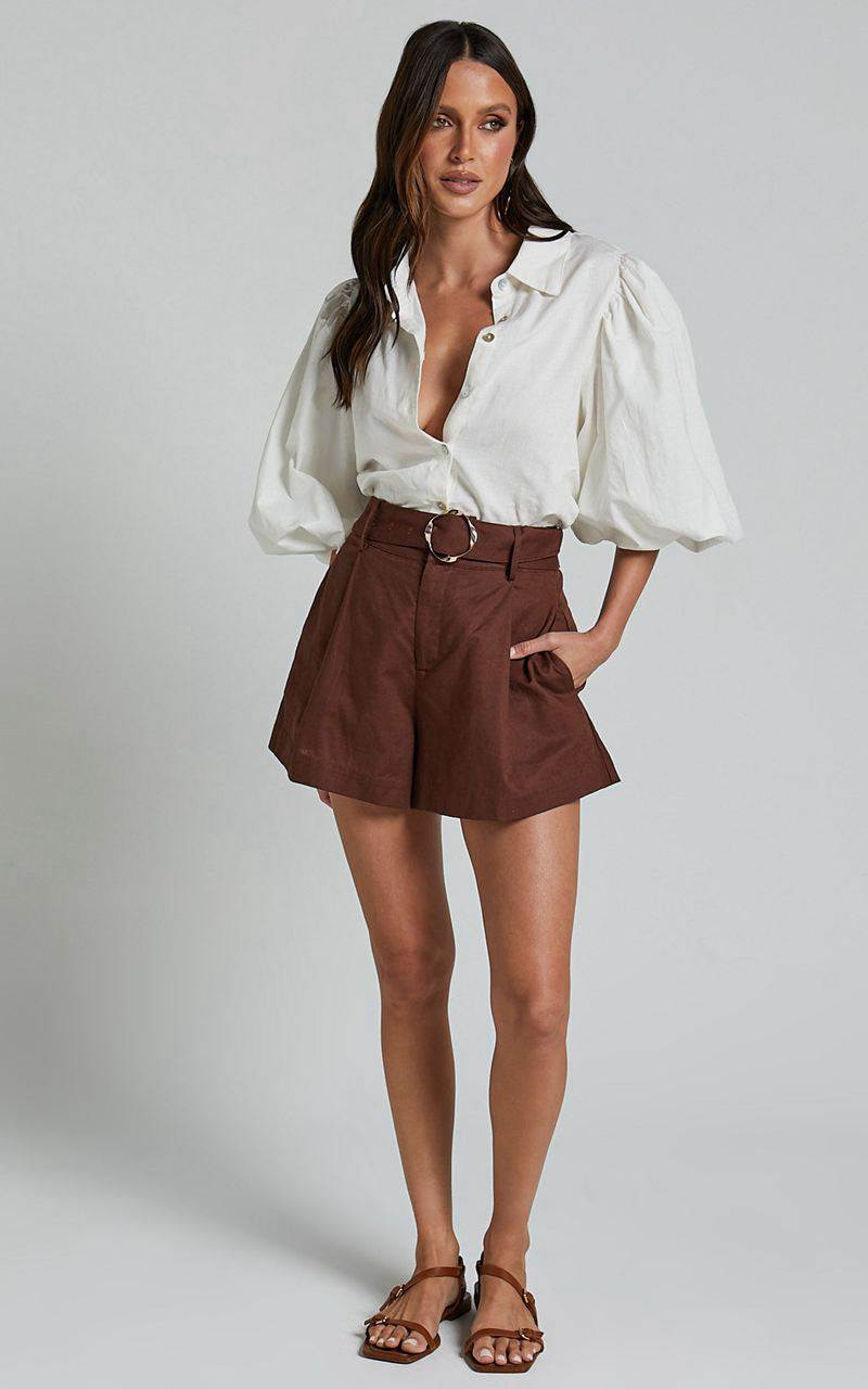 Showpo Amalie The Label - Noemie Linen Blend High Waisted Belted Tailored Shorts Chocolate | KQIZYC674