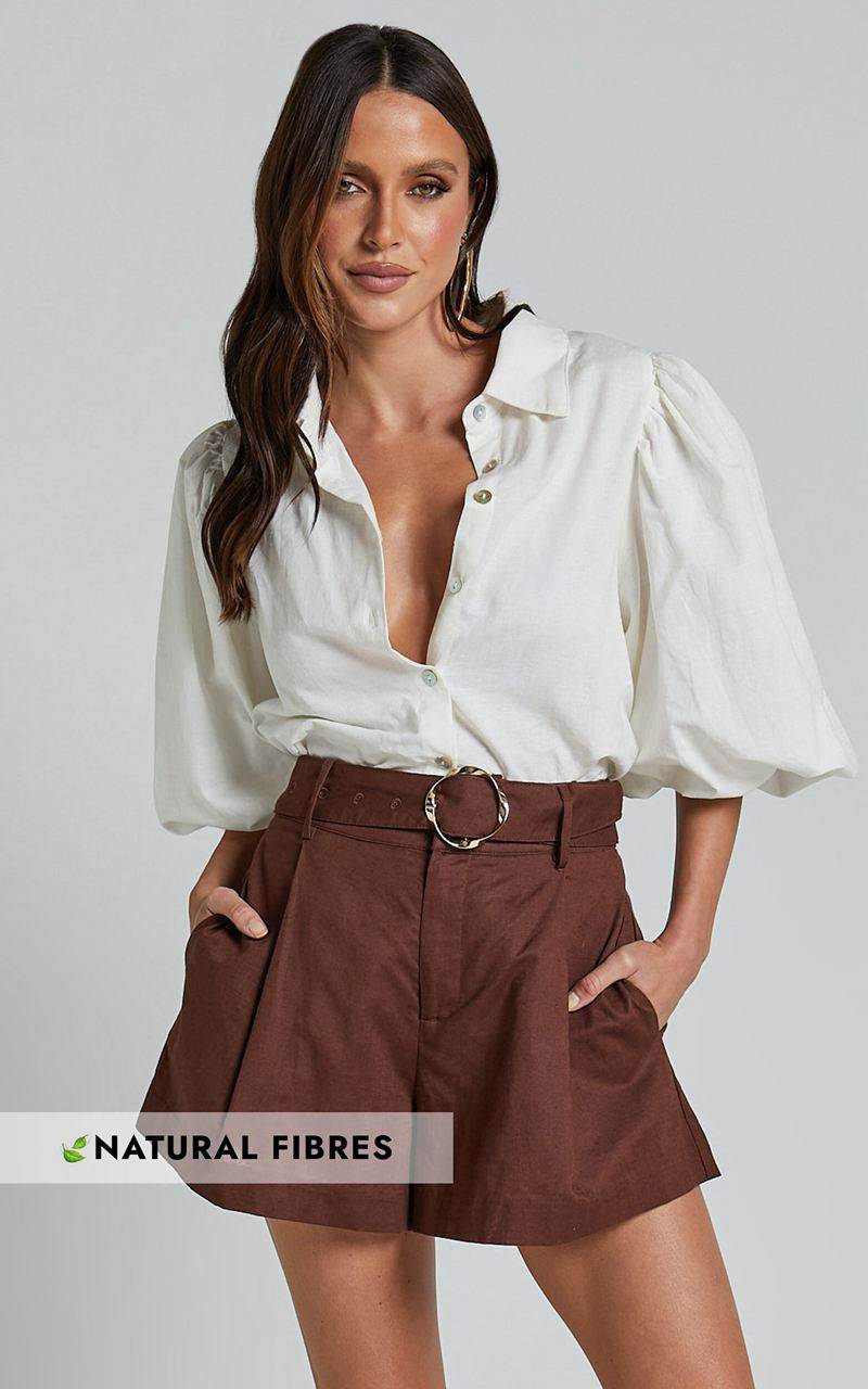 Showpo Amalie The Label - Noemie Linen Blend High Waisted Belted Tailored Shorts Chocolate | KQIZYC674