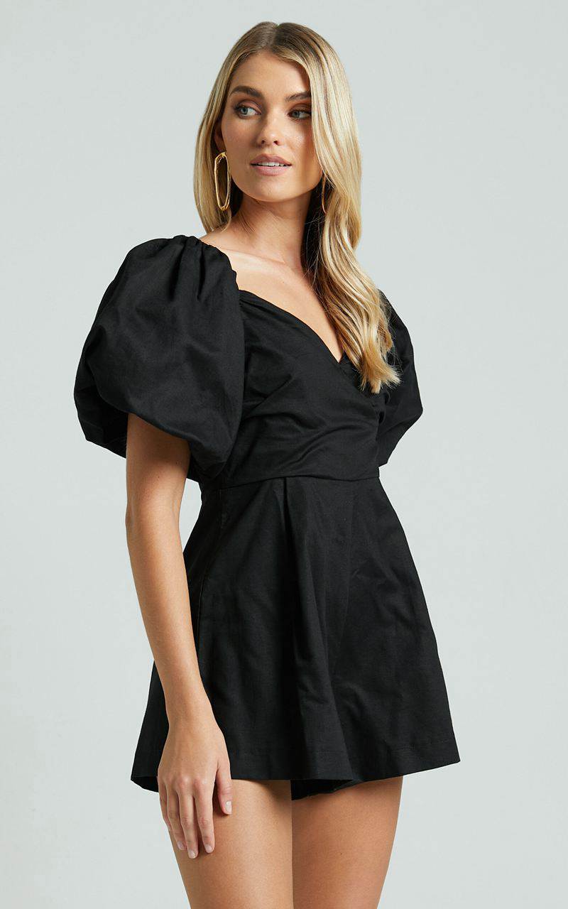 Showpo Amalie The Label - Palais Linen Blend Off Shoulder Puff Sleeve Sweetheart Neck Playsuit Black | TDWCSM328