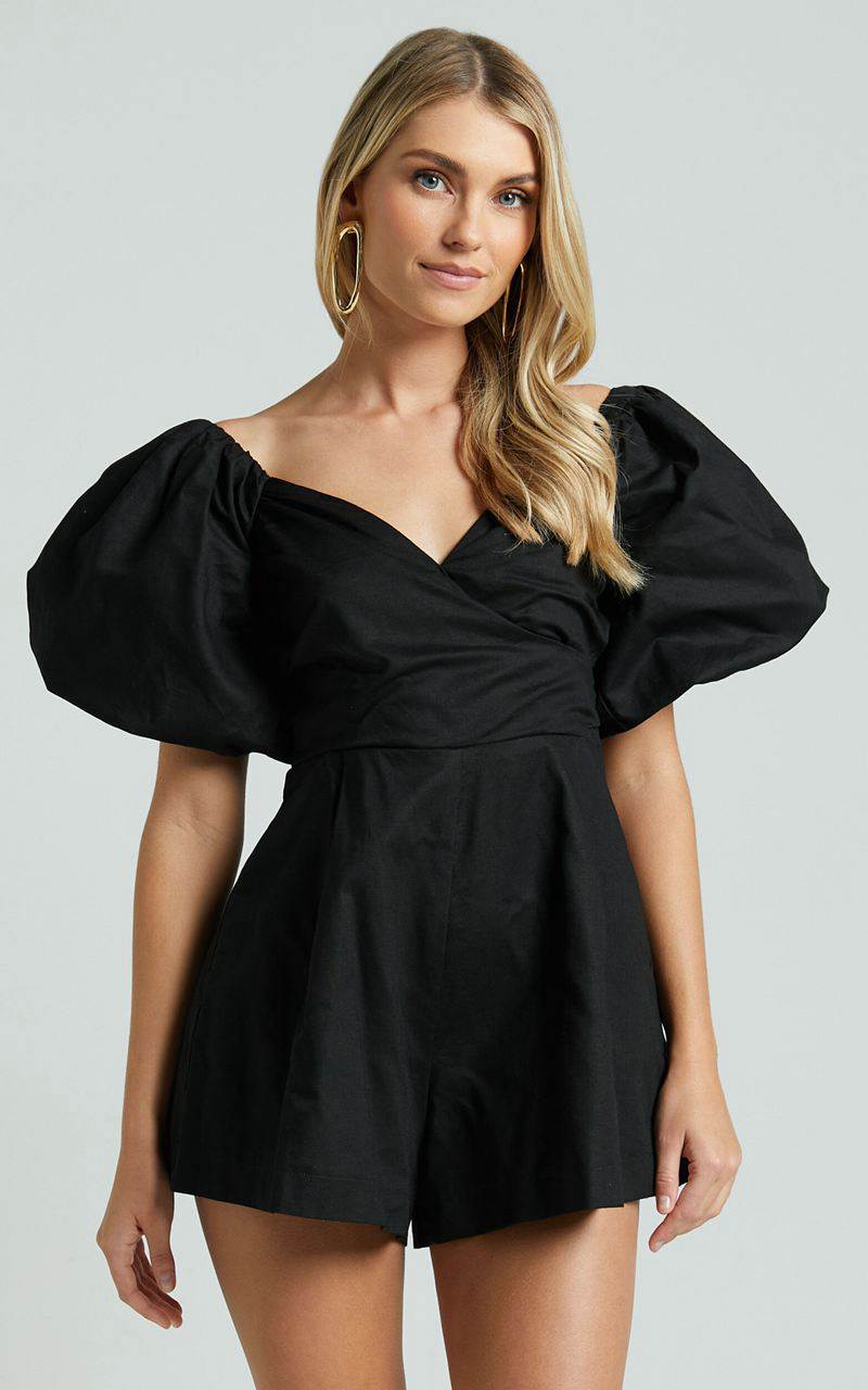 Showpo Amalie The Label - Palais Linen Blend Off Shoulder Puff Sleeve Sweetheart Neck Playsuit Black | TDWCSM328