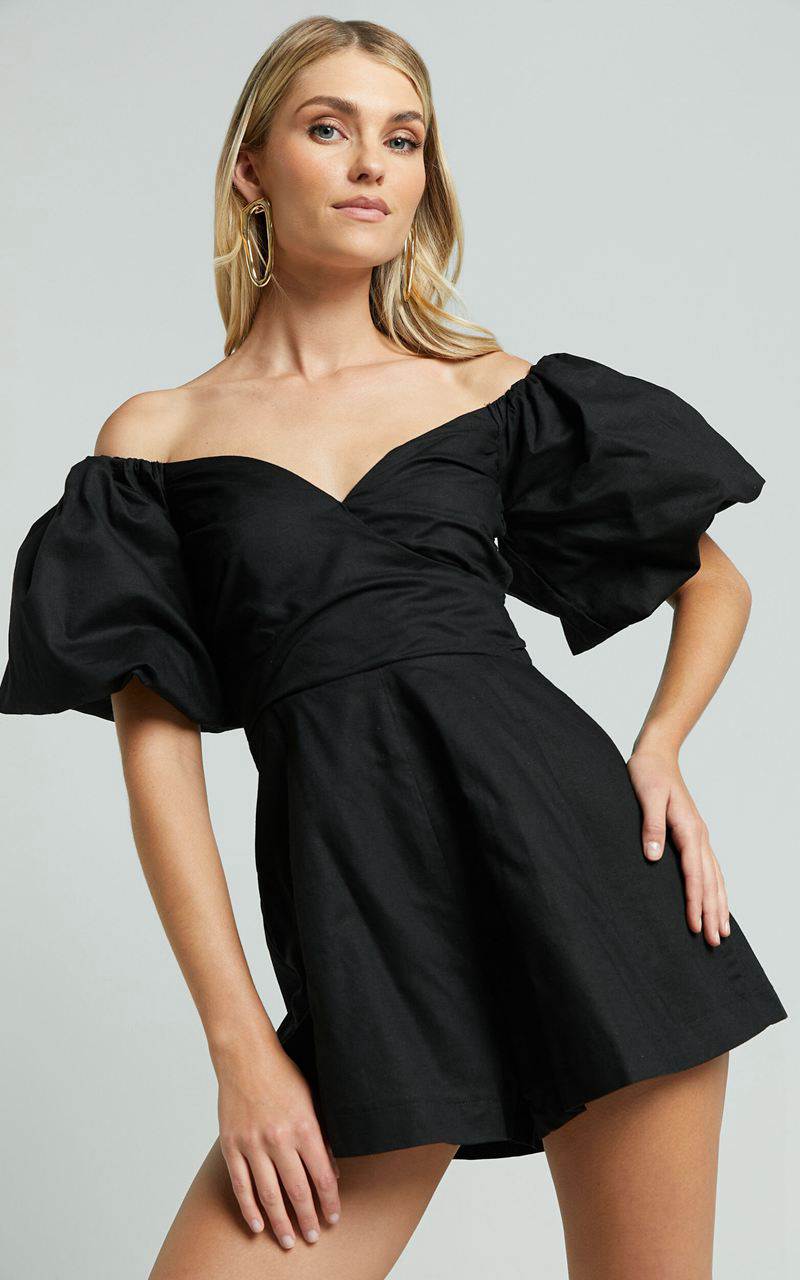 Showpo Amalie The Label - Palais Linen Blend Off Shoulder Puff Sleeve Sweetheart Neck Playsuit Black | TDWCSM328