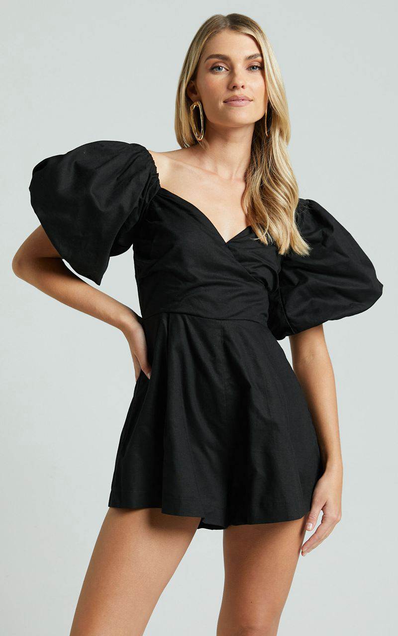 Showpo Amalie The Label - Palais Linen Blend Off Shoulder Puff Sleeve Sweetheart Neck Playsuit Black | TDWCSM328