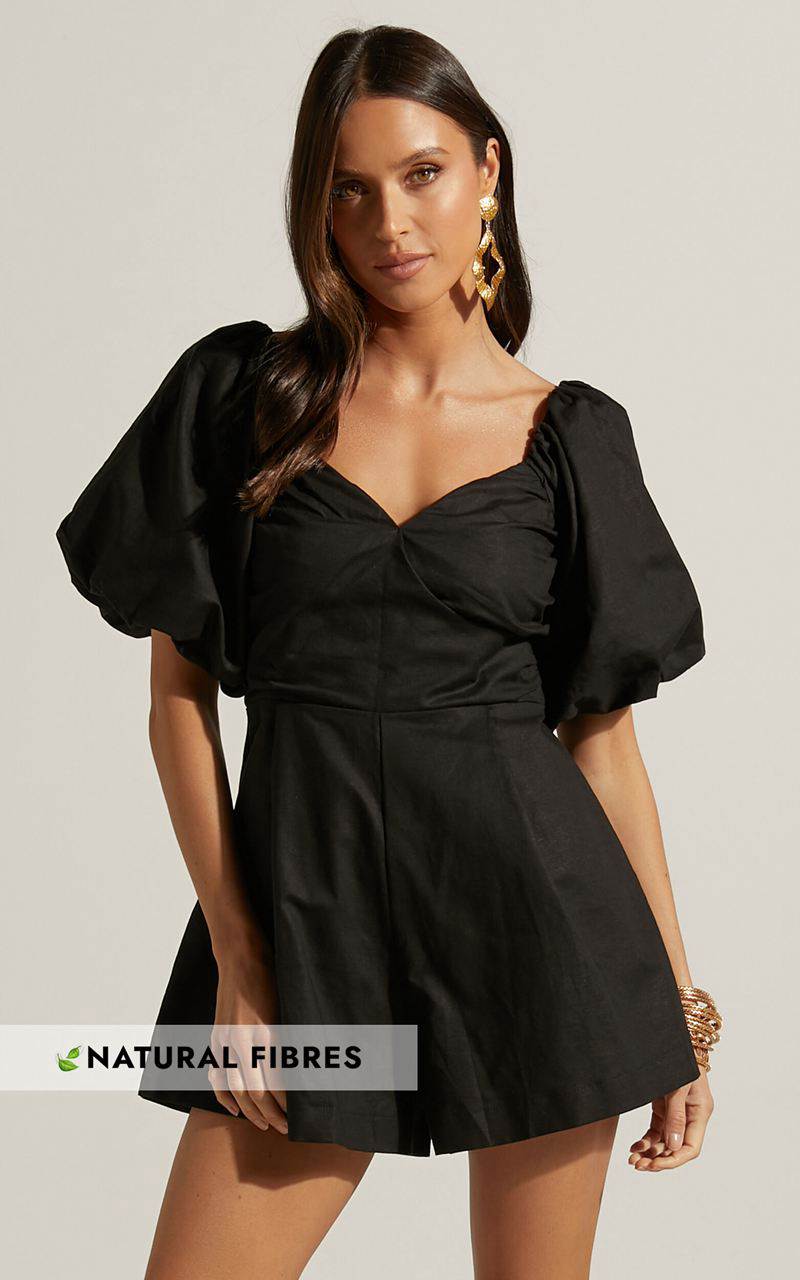 Showpo Amalie The Label - Palais Linen Blend Off Shoulder Puff Sleeve Sweetheart Neck Playsuit Black | TDWCSM328