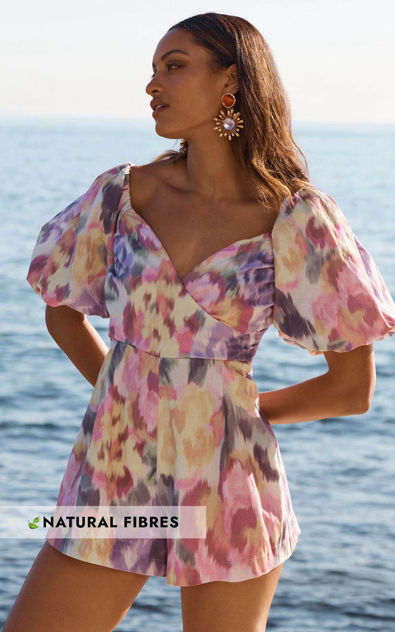 Showpo Amalie The Label - Palais Linen Blend Off Shoulder Puff Sleeve Sweetheart Neck Playsuit Montreuil Print | HZVBNX495