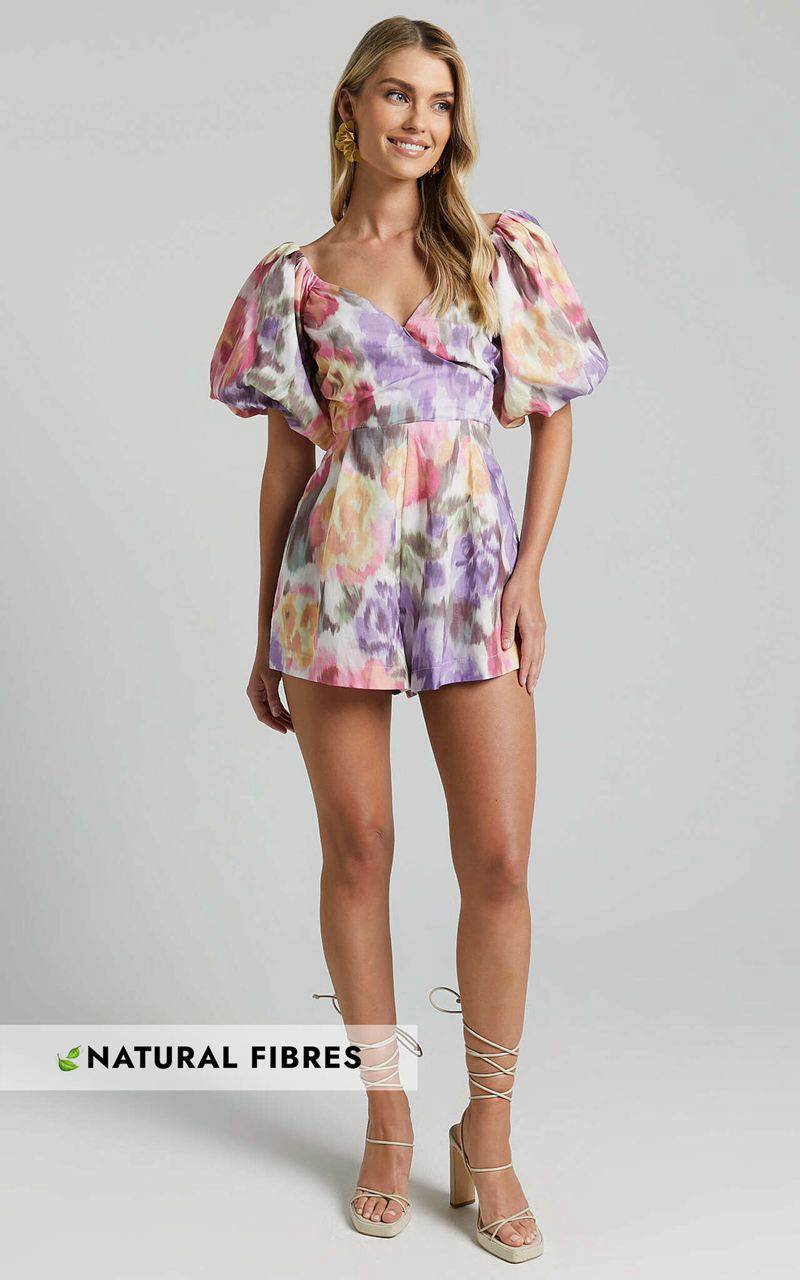 Showpo Amalie The Label - Palais Linen Blend Off Shoulder Puff Sleeve Sweetheart Neck Playsuit Montreuil Print | HZVBNX495