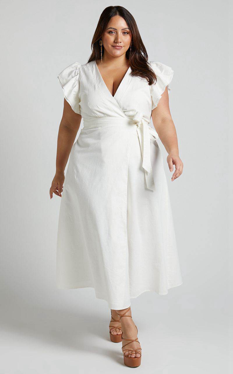 Showpo Amalie The Label - Palmer Linen Blend Frill Sleeve Wrap Dress White | HAIMKS476