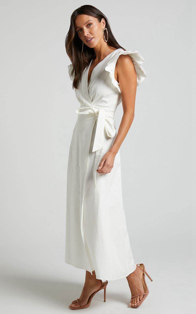 Showpo Amalie The Label - Palmer Linen Blend Frill Sleeve Wrap Dress White | HAIMKS476