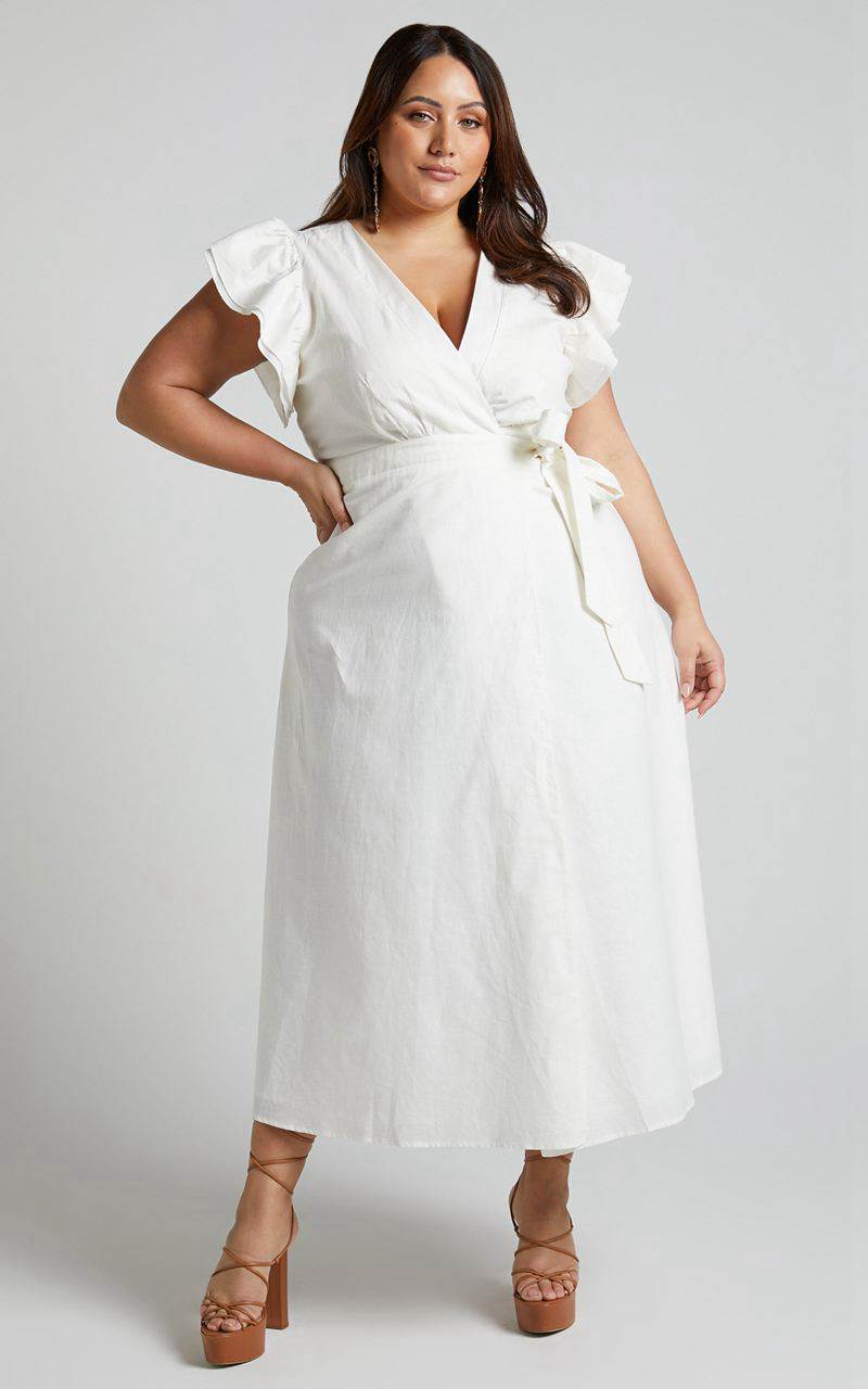 Showpo Amalie The Label - Palmer Linen Blend Frill Sleeve Wrap Dress White | HAIMKS476