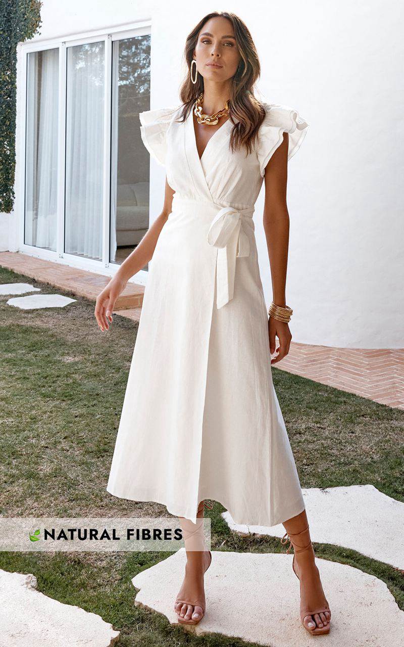 Showpo Amalie The Label - Palmer Linen Blend Frill Sleeve Wrap Dress White | HAIMKS476