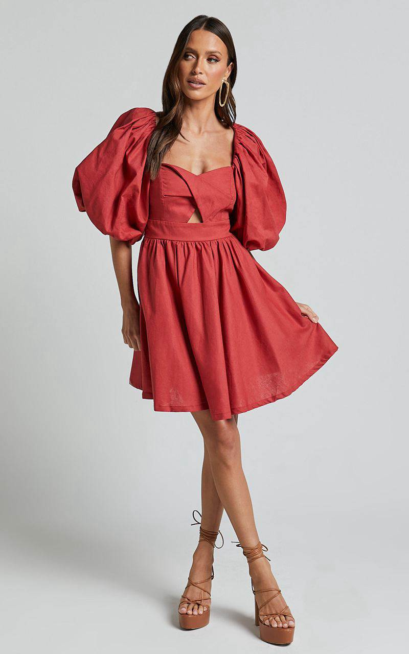 Showpo Amalie The Label - Penelopia Linen Blend Puff Sleeve Twist Bodice Mini Dress Vermilion | UWLGMP312