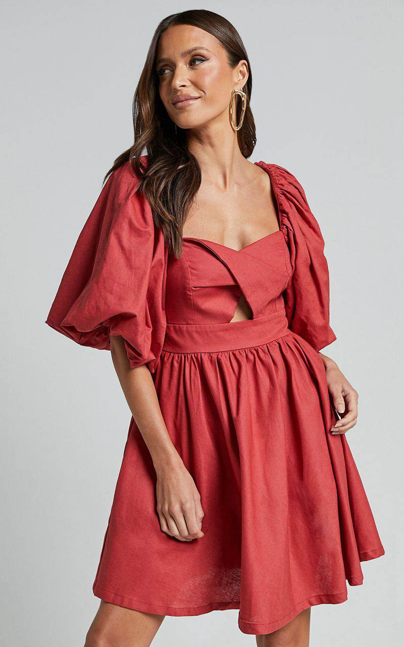 Showpo Amalie The Label - Penelopia Linen Blend Puff Sleeve Twist Bodice Mini Dress Vermilion | UWLGMP312