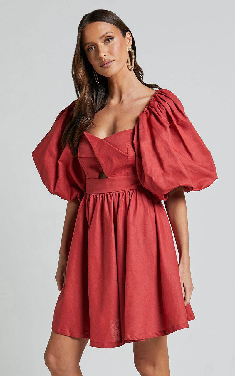 Showpo Amalie The Label - Penelopia Linen Blend Puff Sleeve Twist Bodice Mini Dress Vermilion | UWLGMP312