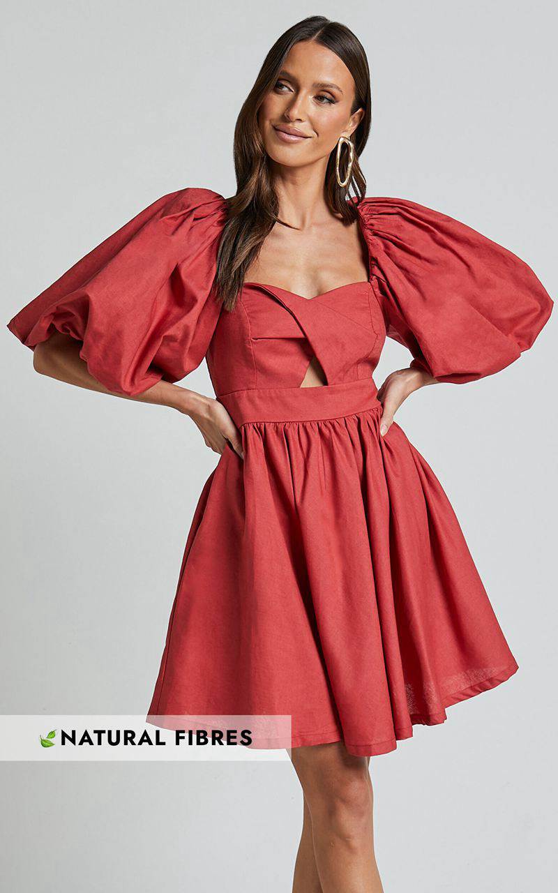 Showpo Amalie The Label - Penelopia Linen Blend Puff Sleeve Twist Bodice Mini Dress Vermilion | UWLGMP312