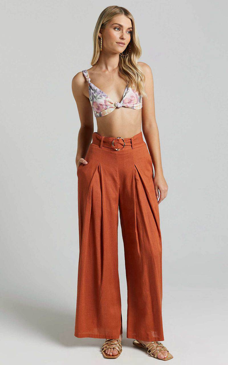 Showpo Amalie The Label - Reine Linen Blend High Waisted Wide Leg Pleat Pants Burnt Sienna | OUJFRX640