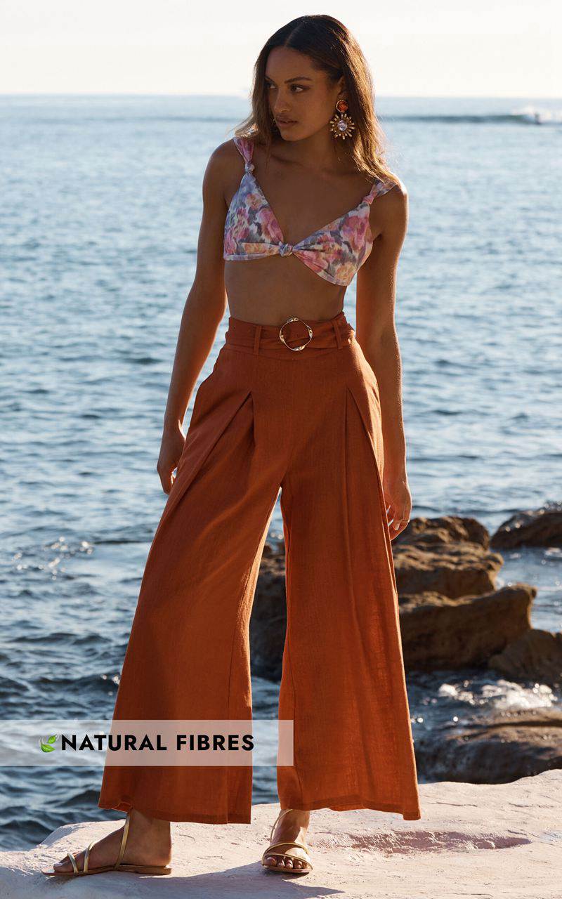 Showpo Amalie The Label - Reine Linen Blend High Waisted Wide Leg Pleat Pants Burnt Sienna | OUJFRX640