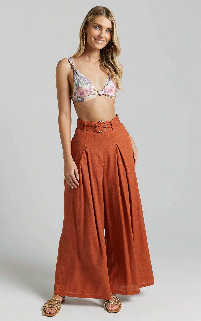 Showpo Amalie The Label - Reine Linen Blend High Waisted Wide Leg Pleat Pants Burnt Sienna | OUJFRX640