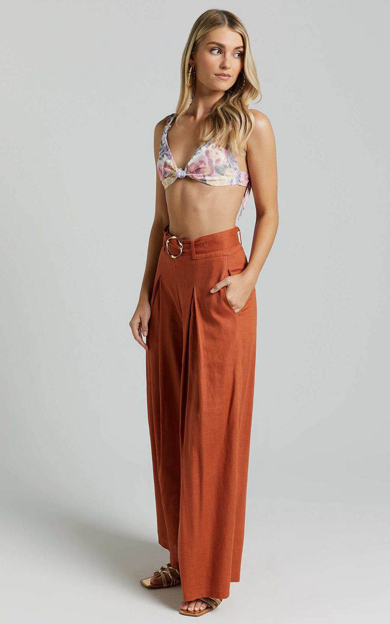 Showpo Amalie The Label - Reine Linen Blend High Waisted Wide Leg Pleat Pants Burnt Sienna | OUJFRX640