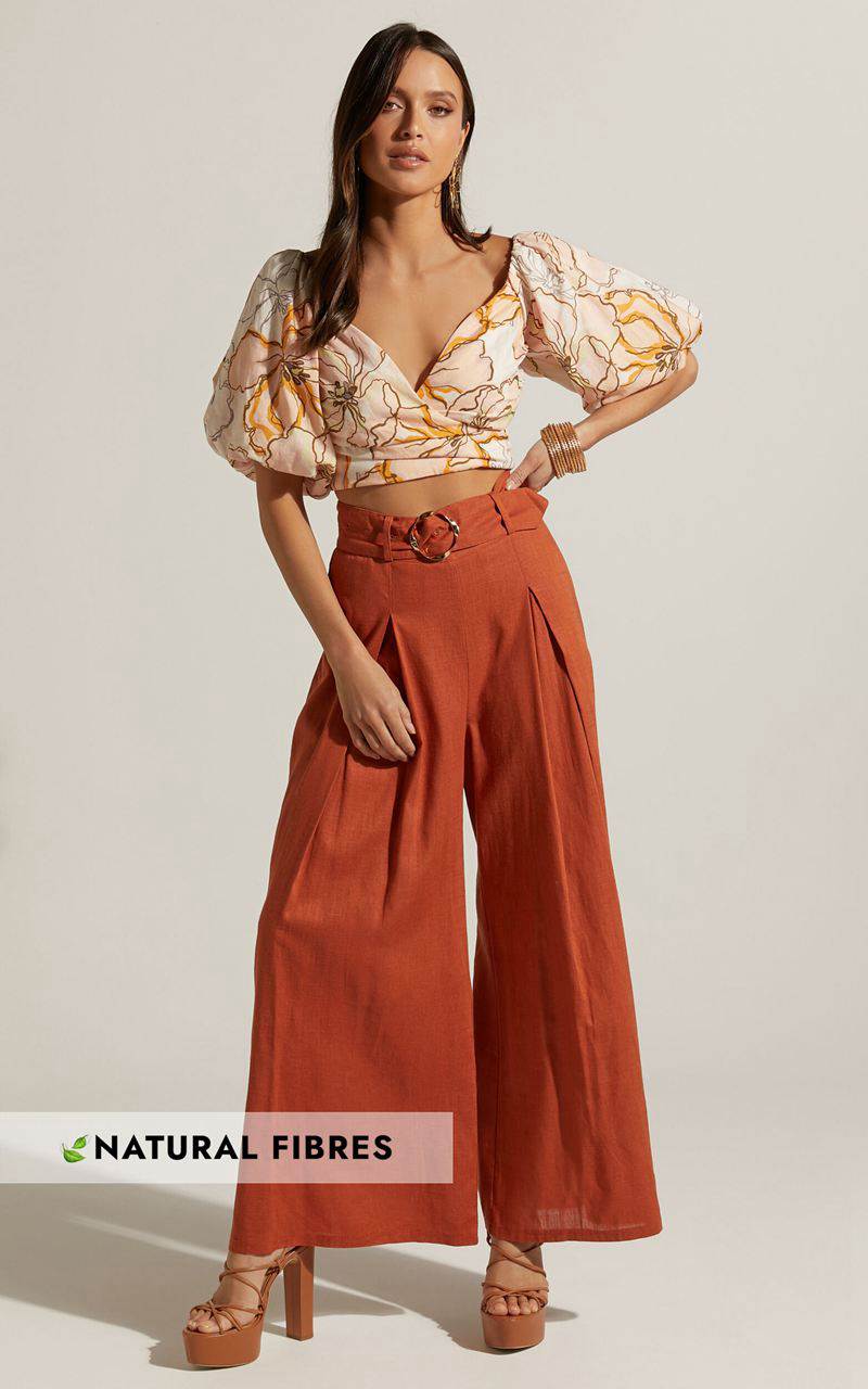 Showpo Amalie The Label - Reine Linen Blend High Waisted Wide Leg Pleat Pants Burnt Sienna | OUJFRX640