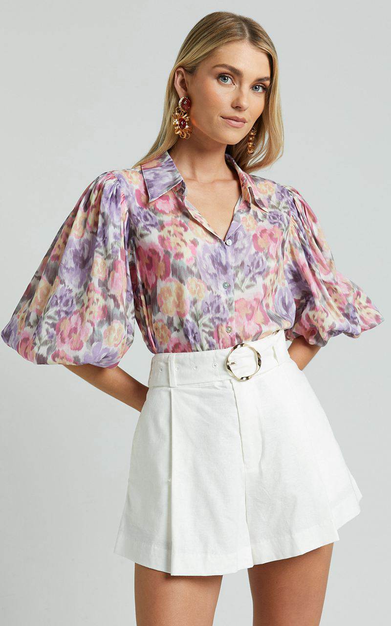 Showpo Amalie The Label - Sabine Puff Sleeve Button Through Blouse Aurora Print | IUMPBR410