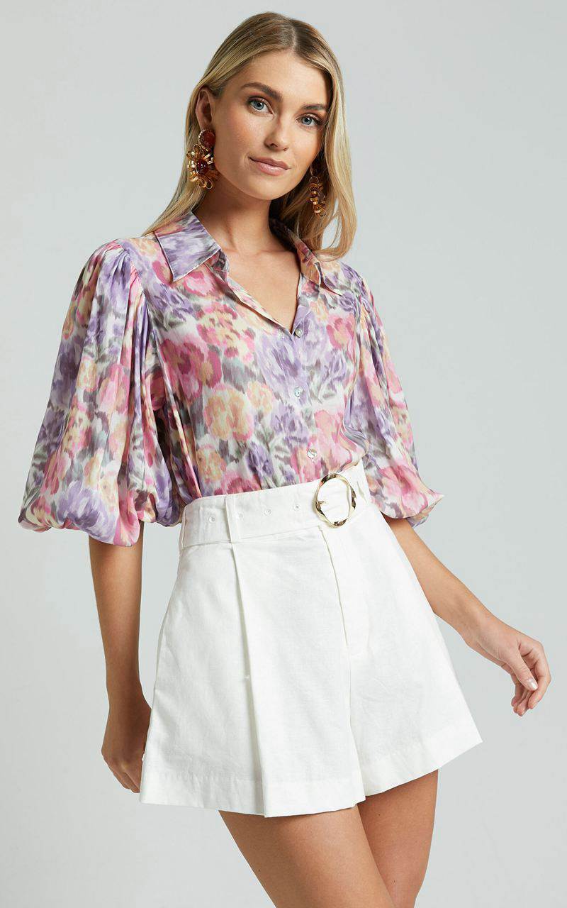 Showpo Amalie The Label - Sabine Puff Sleeve Button Through Blouse Aurora Print | IUMPBR410