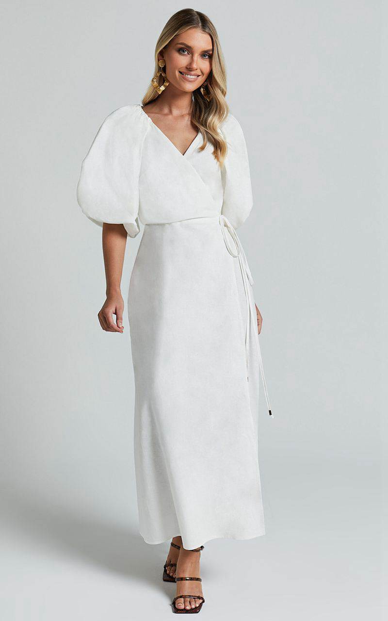 Showpo Amalie The Label - Santana Linen Blend Puff Sleeve Wrap Midi Dress White | ZVIPJQ614