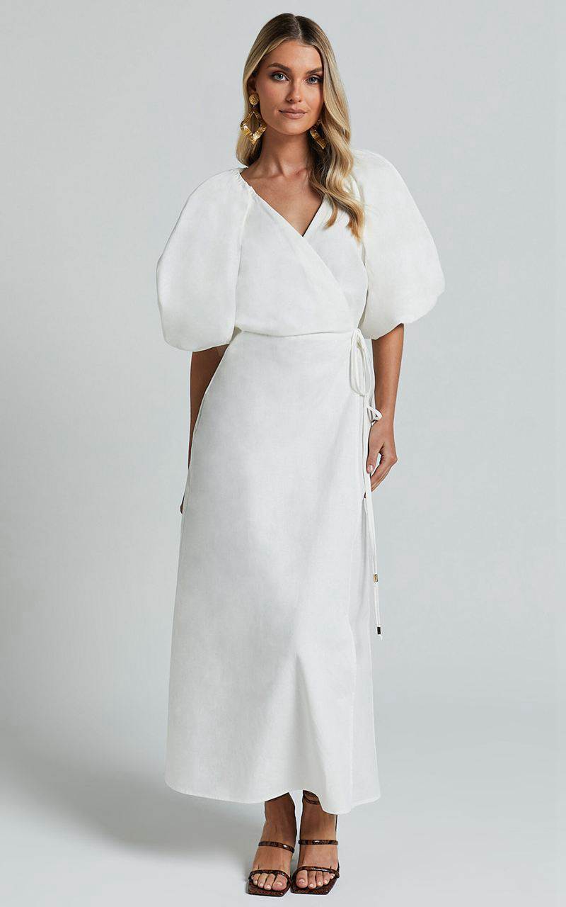 Showpo Amalie The Label - Santana Linen Blend Puff Sleeve Wrap Midi Dress White | ZVIPJQ614