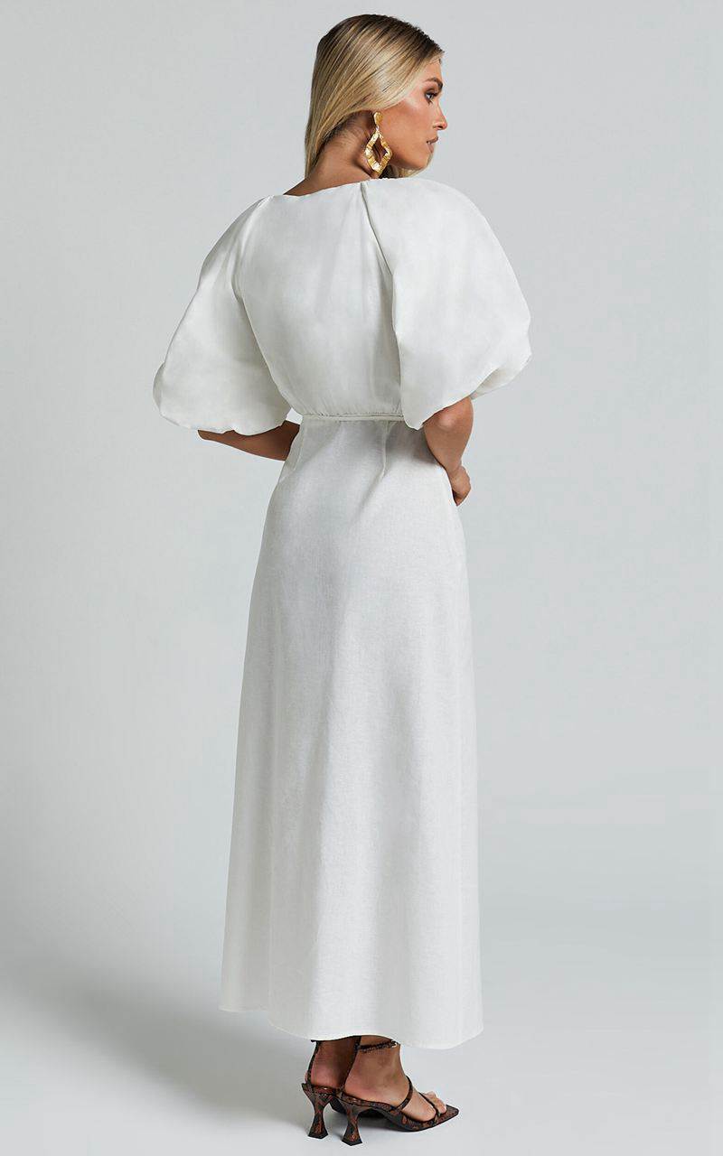 Showpo Amalie The Label - Santana Linen Blend Puff Sleeve Wrap Midi Dress White | ZVIPJQ614