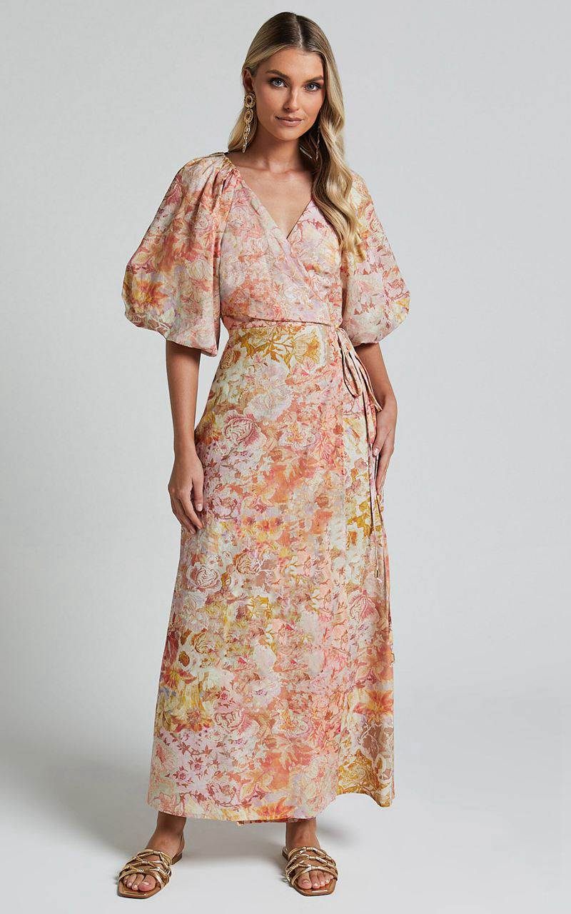 Showpo Amalie The Label - Santana Linen Blend Puff Sleeve Wrap Midi Dress Morocco Print | NDUKXL106