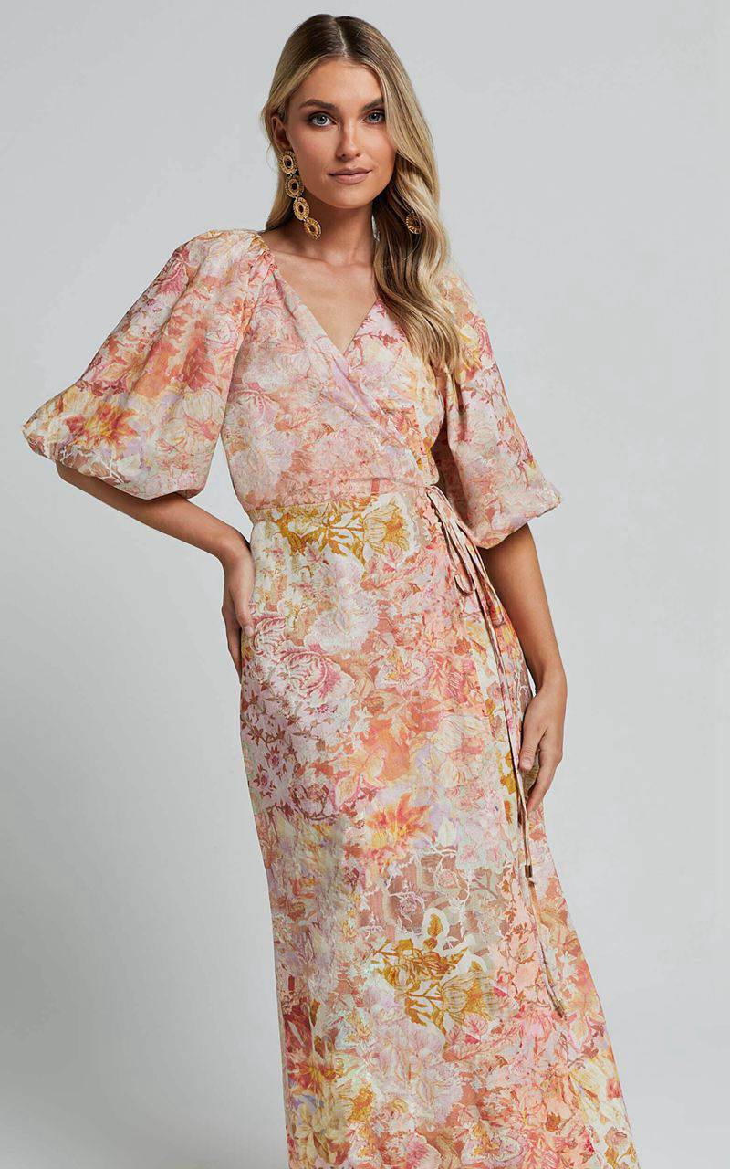 Showpo Amalie The Label - Santana Linen Blend Puff Sleeve Wrap Midi Dress Morocco Print | NDUKXL106