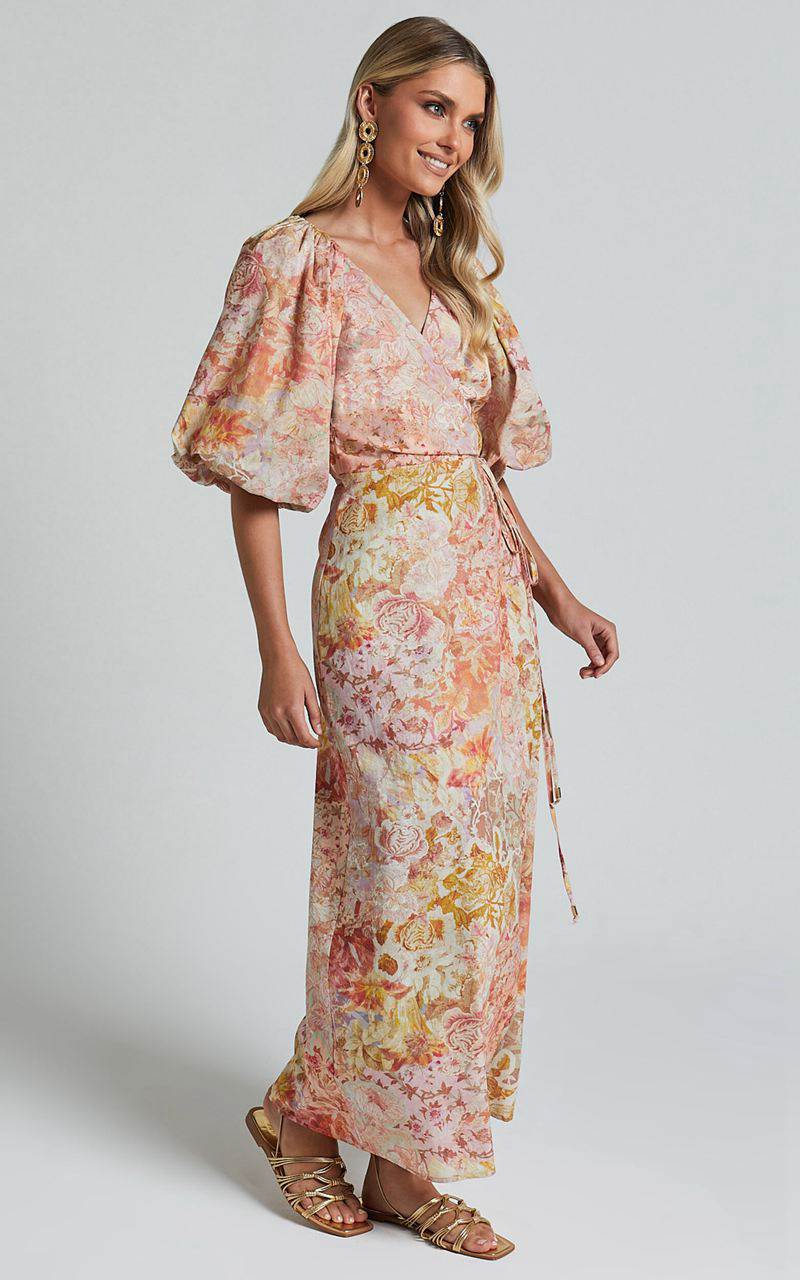 Showpo Amalie The Label - Santana Linen Blend Puff Sleeve Wrap Midi Dress Morocco Print | NDUKXL106