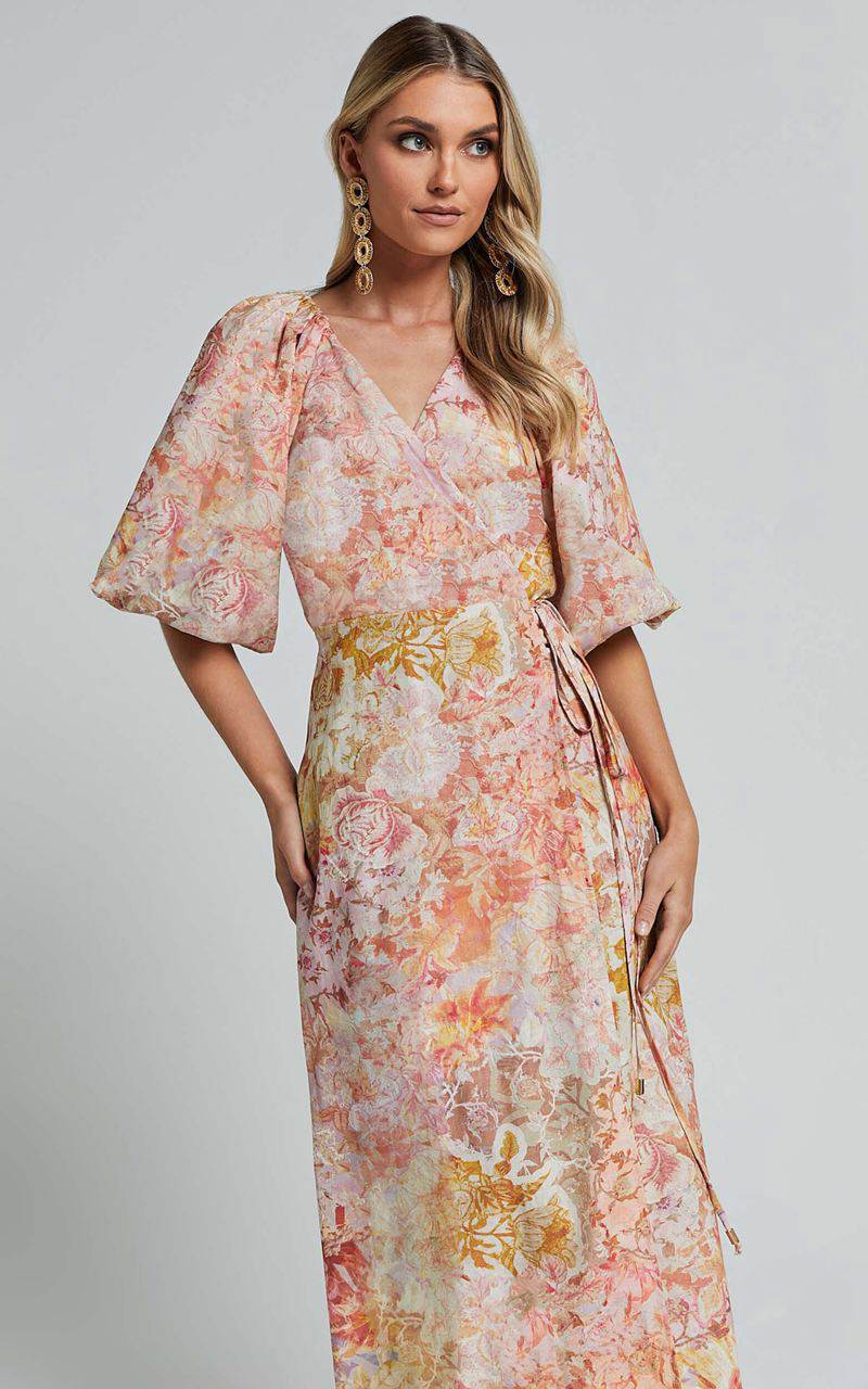 Showpo Amalie The Label - Santana Linen Blend Puff Sleeve Wrap Midi Dress Morocco Print | NDUKXL106