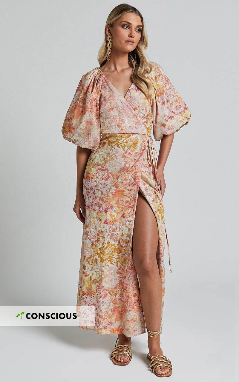 Showpo Amalie The Label - Santana Linen Blend Puff Sleeve Wrap Midi Dress Morocco Print | NDUKXL106