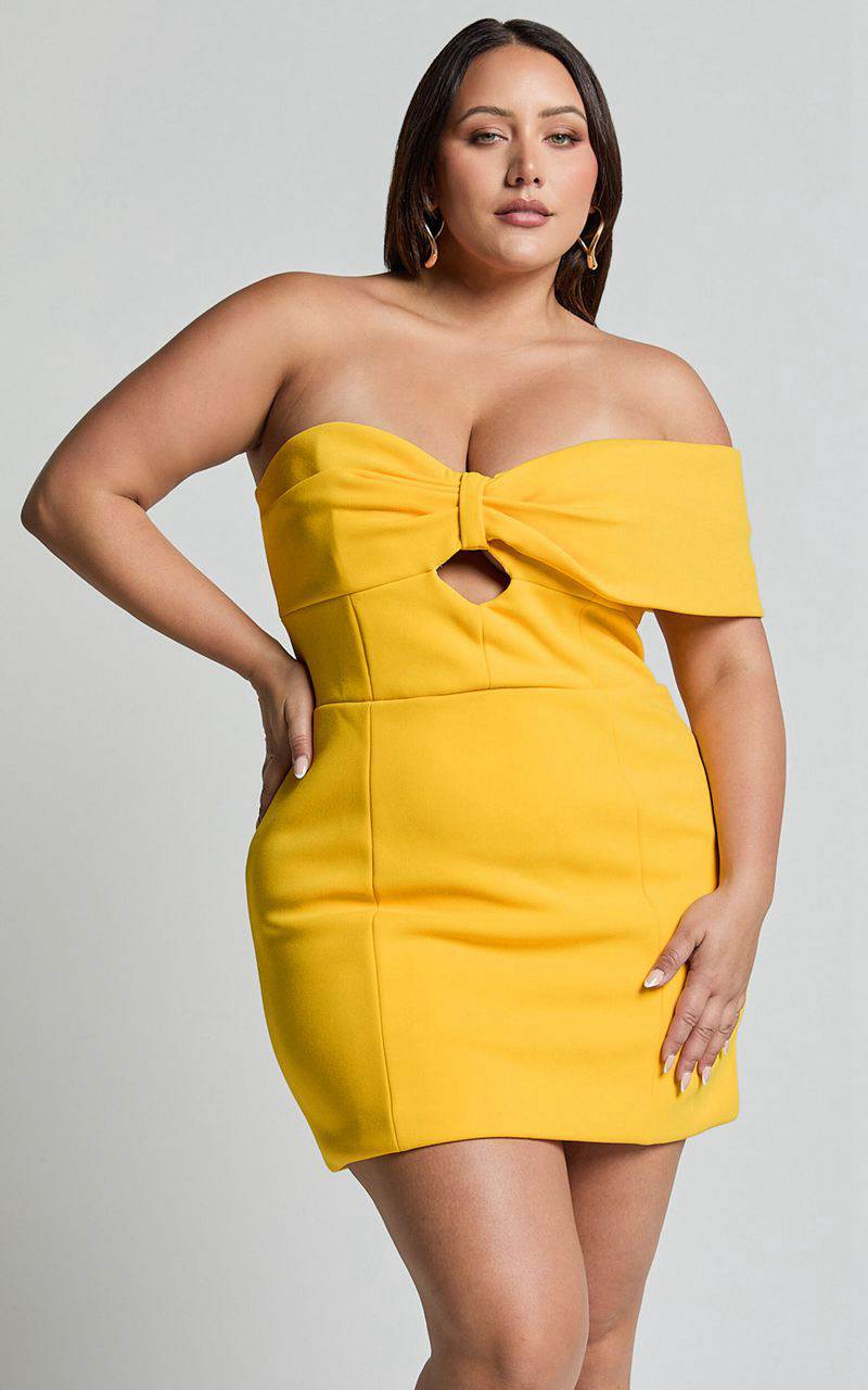 Showpo Amalie The Label - Seleste Off Shoulder Bow Detail Mini Dress Yellow | LQVXUH724