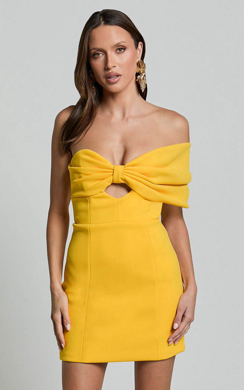 Showpo Amalie The Label - Seleste Off Shoulder Bow Detail Mini Dress Yellow | LQVXUH724