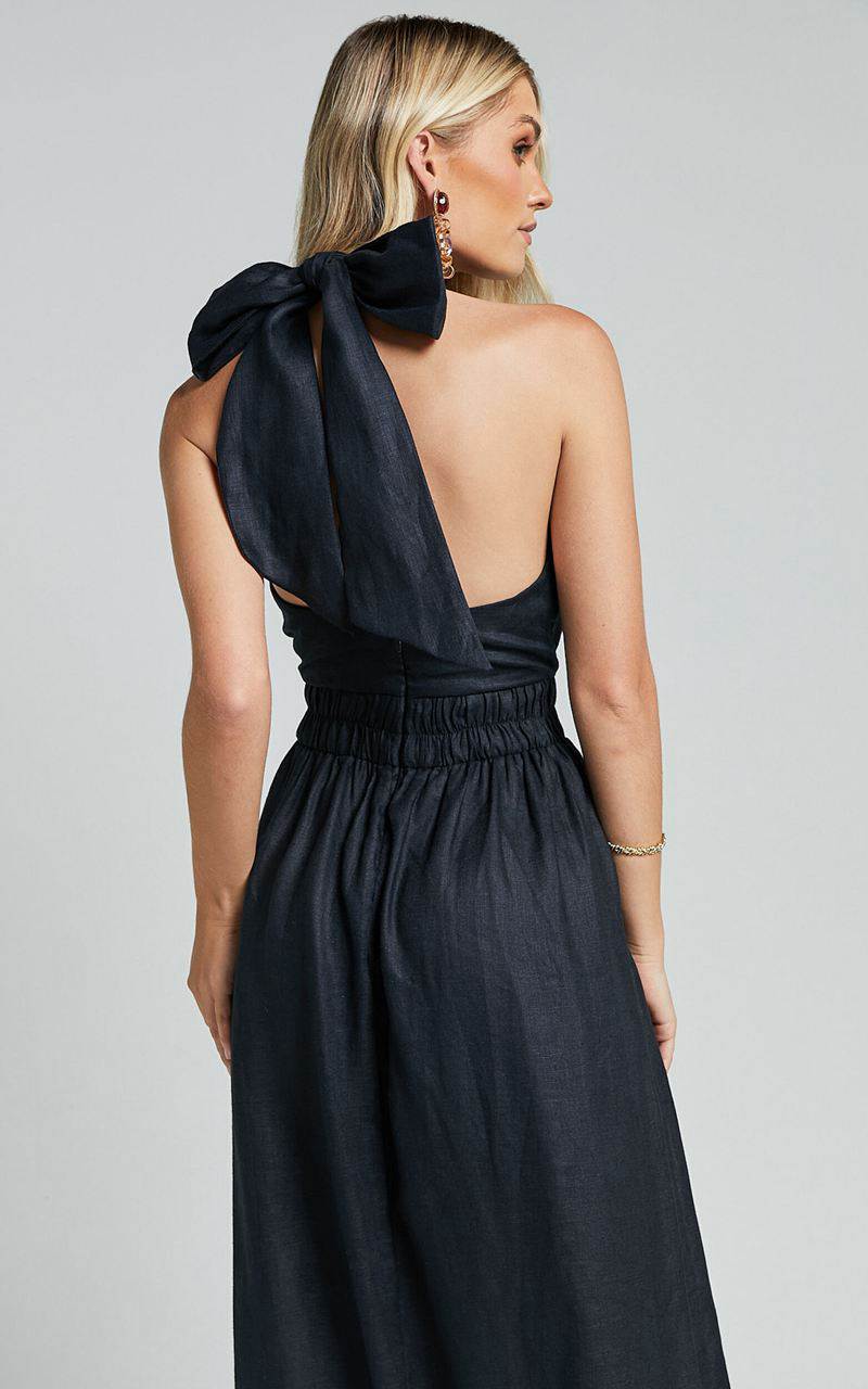 Showpo Amalie The Label - Shepard Linen Blend Halter Neck Maxi Dress Black | ZFECRQ561