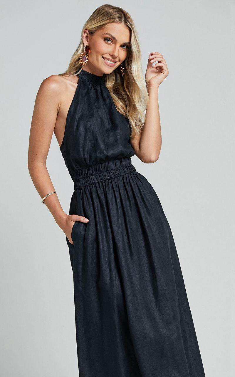 Showpo Amalie The Label - Shepard Linen Blend Halter Neck Maxi Dress Black | ZFECRQ561