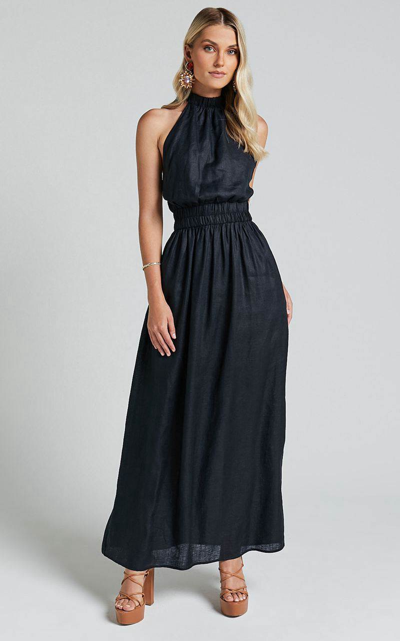 Showpo Amalie The Label - Shepard Linen Blend Halter Neck Maxi Dress Black | ZFECRQ561