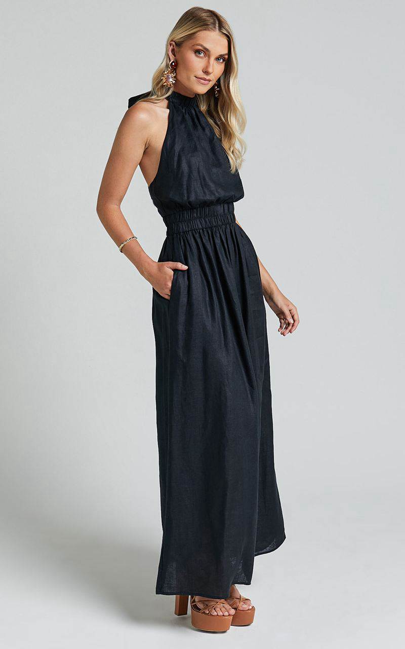 Showpo Amalie The Label - Shepard Linen Blend Halter Neck Maxi Dress Black | ZFECRQ561