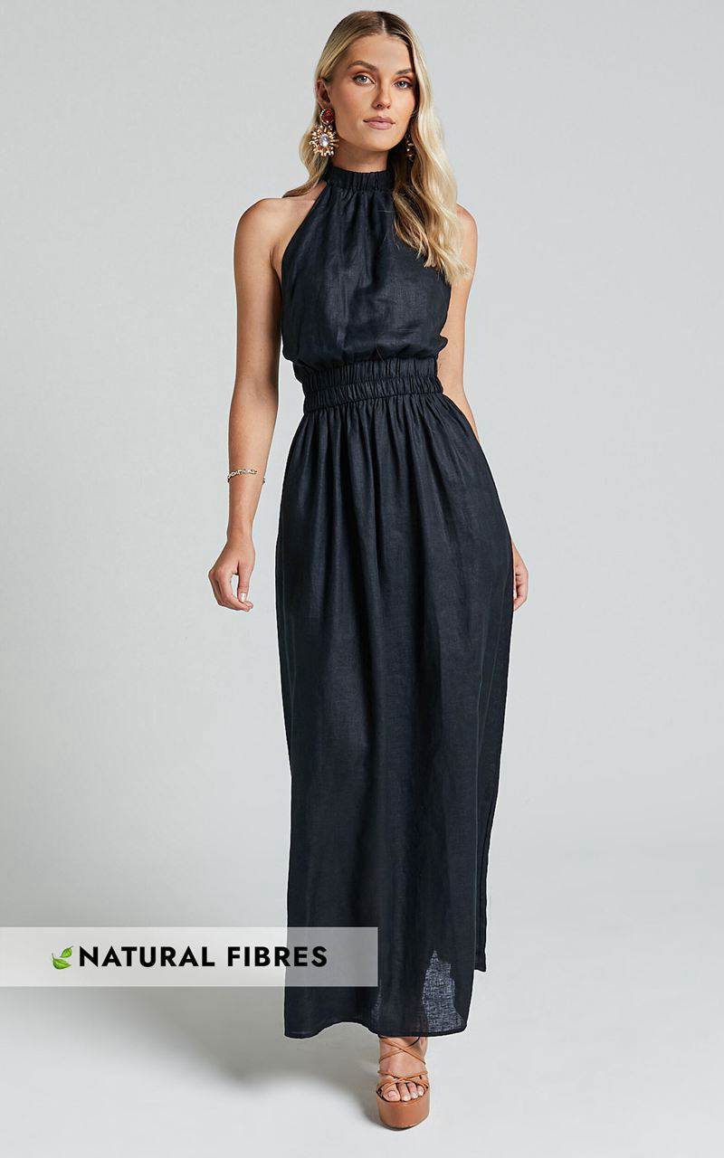 Showpo Amalie The Label - Shepard Linen Blend Halter Neck Maxi Dress Black | ZFECRQ561