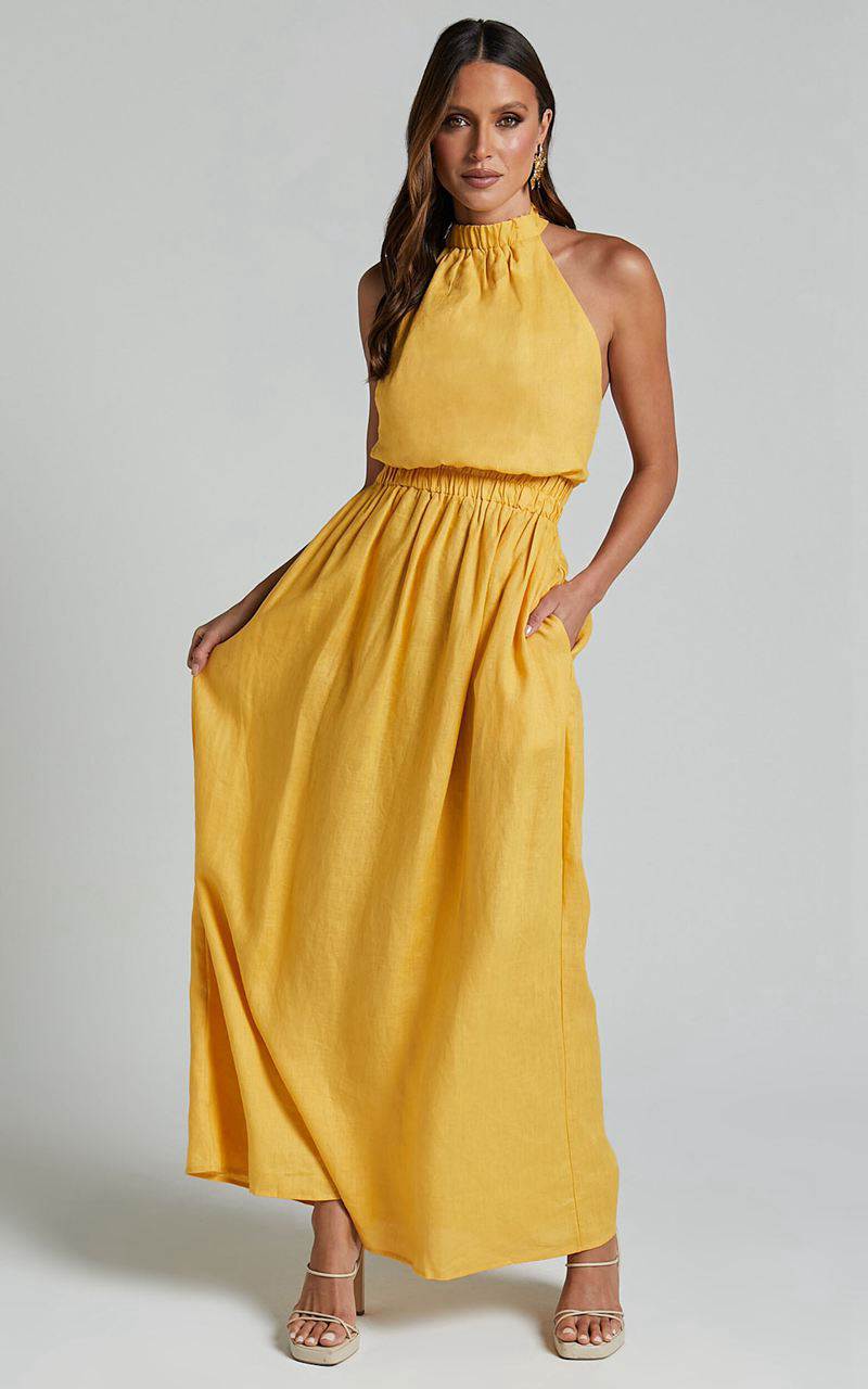 Showpo Amalie The Label - Shepard Linen Blend Halter Neck Maxi Dress Yellow | LHMWPA293