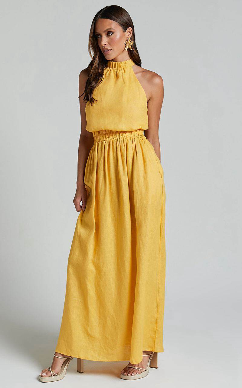 Showpo Amalie The Label - Shepard Linen Blend Halter Neck Maxi Dress Yellow | LHMWPA293