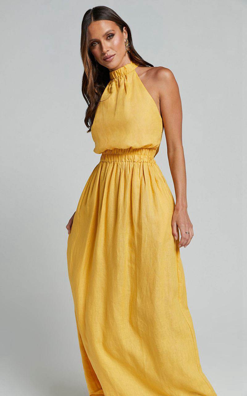 Showpo Amalie The Label - Shepard Linen Blend Halter Neck Maxi Dress Yellow | LHMWPA293