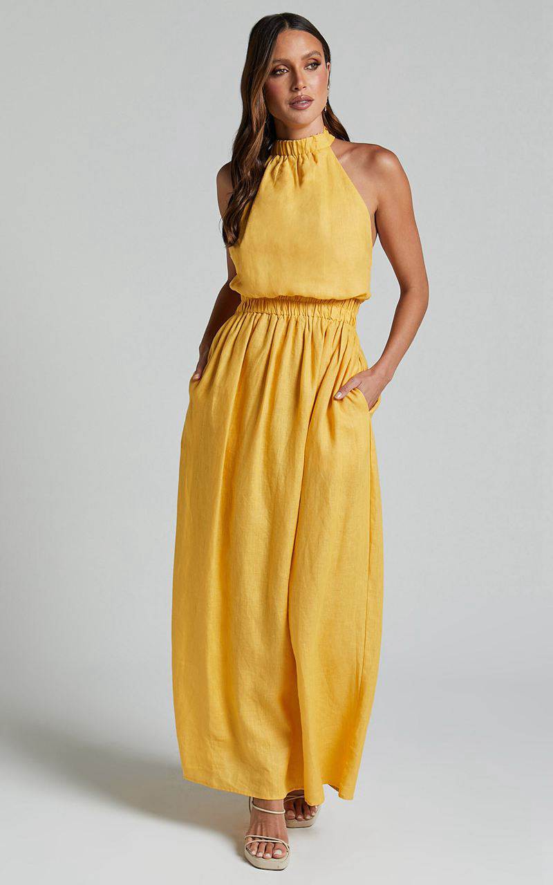 Showpo Amalie The Label - Shepard Linen Blend Halter Neck Maxi Dress Yellow | LHMWPA293