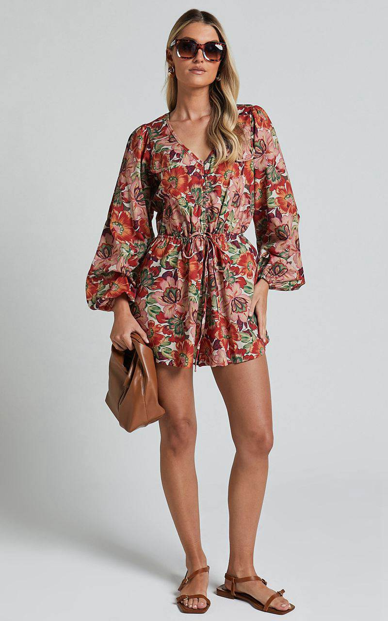 Showpo Amalie The Label - Soliel Linen Blend Long Bishop Sleeve Playsuit Musee Print | UTBLVQ617