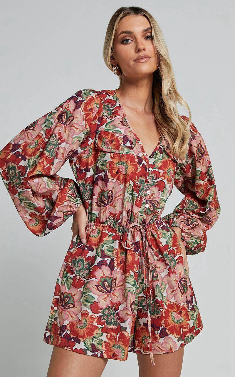 Showpo Amalie The Label - Soliel Linen Blend Long Bishop Sleeve Playsuit Musee Print | UTBLVQ617