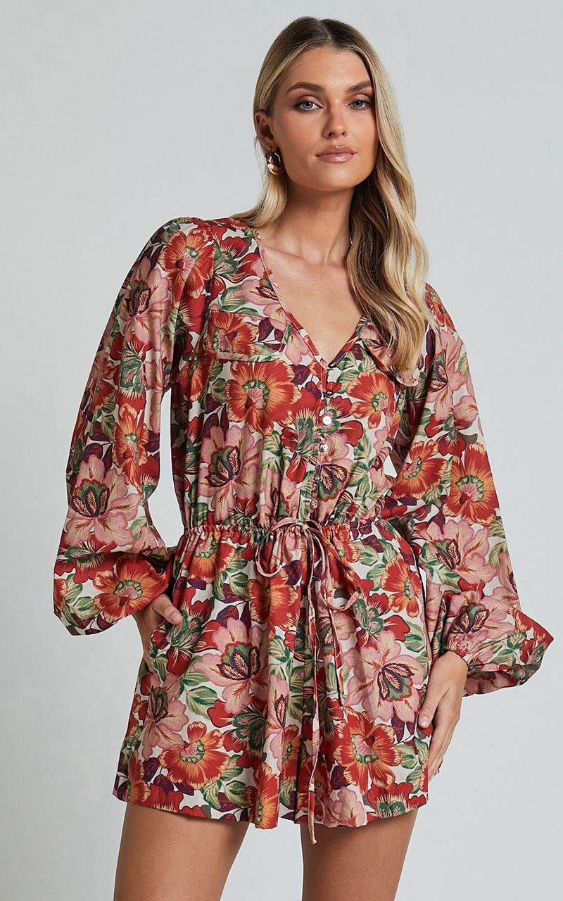 Showpo Amalie The Label - Soliel Linen Blend Long Bishop Sleeve Playsuit Musee Print | UTBLVQ617